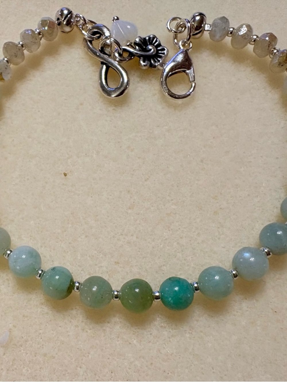 Green Russian Moonstone Beaded Women's Bracelet with Silver Accents